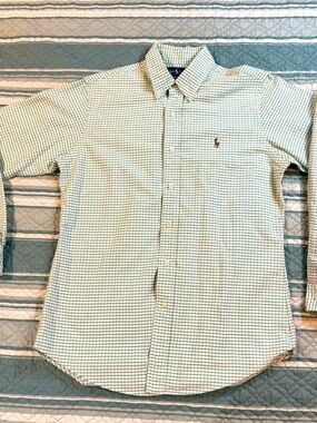 Ralph Lauren Custom Fit Green and White Checked Button-Down Shirt Size Medium